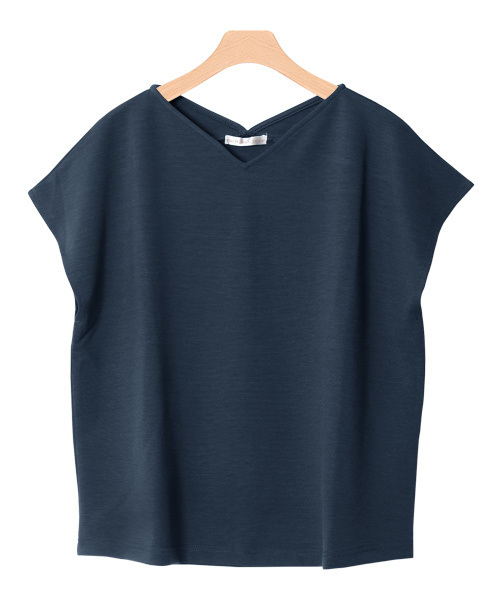 Pierrot（ピエロ）の「ポンチ素材Vネック フレンチスリーブトップス（Tシャツ/カットソー・レディース・ブラック/カーキ/ブラウン/ネイビー/オフホワイト/グレー/ブルー/ピンク/ベージュ・M/L）」の8枚目の写真