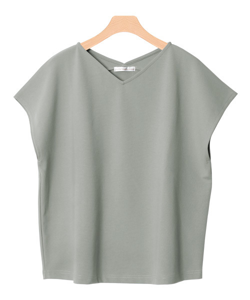 Pierrot（ピエロ）の「ポンチ素材Vネック フレンチスリーブトップス（Tシャツ/カットソー・レディース・ブラック/カーキ/ブラウン/ネイビー/オフホワイト/グレー/ブルー/ピンク/ベージュ・M/L）」の4枚目の写真