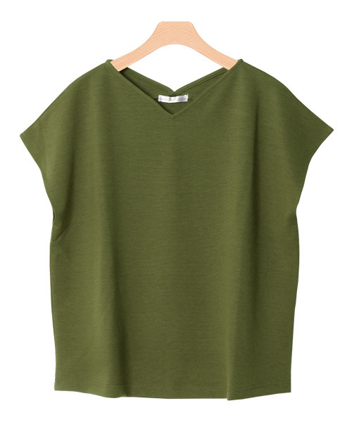 Pierrot（ピエロ）の「ポンチ素材Vネック フレンチスリーブトップス（Tシャツ/カットソー・レディース・ブラック/カーキ/ブラウン/ネイビー/オフホワイト/グレー/ブルー/ピンク/ベージュ・M/L）」の7枚目の写真