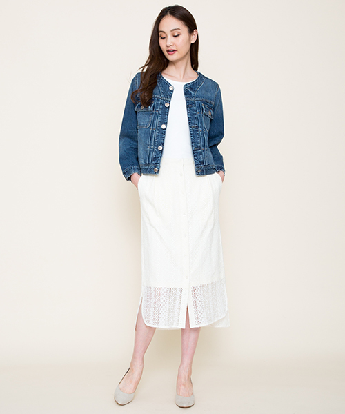 Moname（モナーム）の「ノーカラー ジーンジャケット - No Collar JEAN JACKET（デニムジャケット・レディース・ライトブルー・S/M/XS）」の6枚目の写真