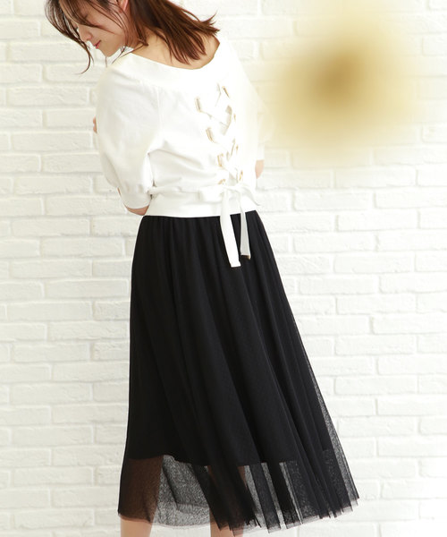 JILL by JILL STUART（ジルバイジルスチュアート）の「【CanCam 6月号 掲載 中条あやみさん着用】◆CanCamコラボ スウェット×ドットチュールセットアップワンピース（ワンピース・レディース・ホワイト/ピンク/ライトグリーン・FREE）」の2枚目の写真