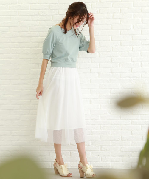 JILL by JILL STUART（ジルバイジルスチュアート）の「【CanCam 6月号 掲載 中条あやみさん着用】◆CanCamコラボ スウェット×ドットチュールセットアップワンピース（ワンピース・レディース・ホワイト/ピンク/ライトグリーン・FREE）」の14枚目の写真