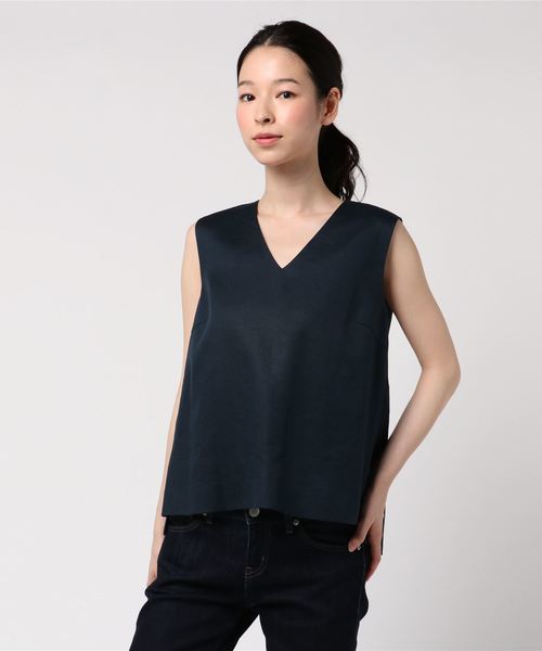 美品◎エストネーション　2.3万　コットンリブＶネックブラウス　ネイビー 美品◎エストネーション 2.3万 コットンリブVネックブラウス