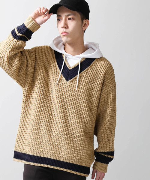 WEGO(ウィゴー)の「WEGO/ワッフルチルデンニット(ニット/セーター・メンズ・ホワイト/ベージュ/ネイビー・MEDIUM/LARGE)」の3枚目の写真