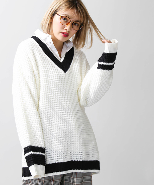 WEGO(ウィゴー)の「WEGO/ワッフルチルデンニット(ニット/セーター・メンズ・ホワイト/ベージュ/ネイビー・MEDIUM/LARGE)」の6枚目の写真