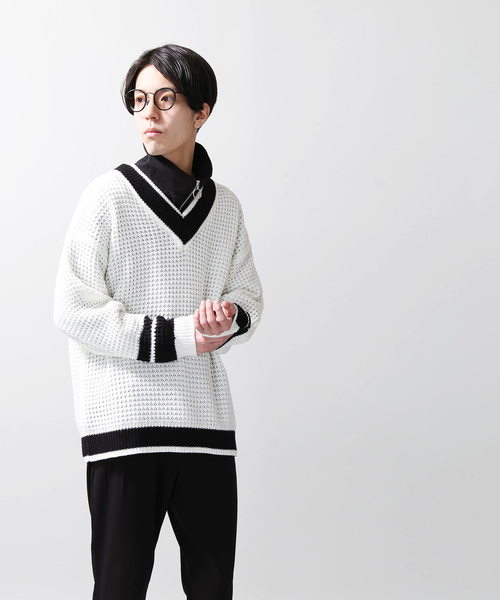 WEGO(ウィゴー)の「WEGO/ワッフルチルデンニット(ニット/セーター・メンズ・ホワイト/ベージュ/ネイビー・MEDIUM/LARGE)」の8枚目の写真