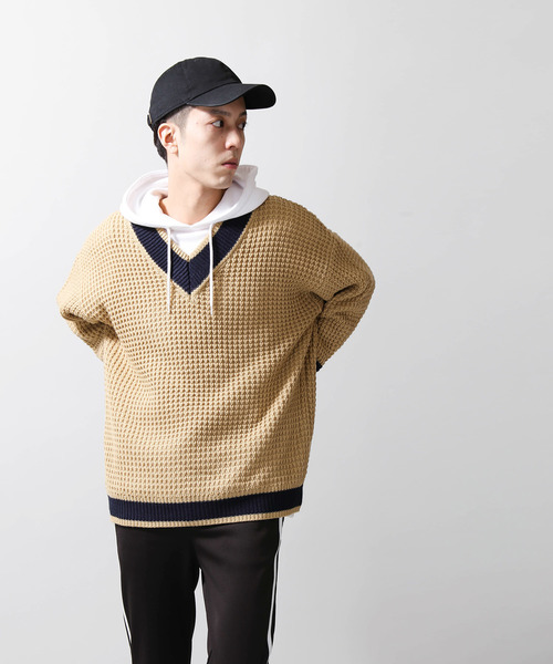 WEGO(ウィゴー)の「WEGO/ワッフルチルデンニット(ニット/セーター・メンズ・ホワイト/ベージュ/ネイビー・MEDIUM/LARGE)」の11枚目の写真