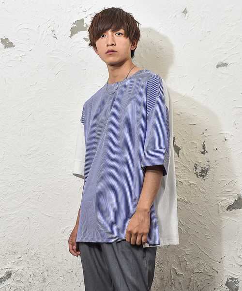 MinoriTY(マイノリティ)の「【MinoriTY】ストライプ切替2WayプルオーバーTシャツ ビッグシルエット(Tシャツ/カットソー・メンズ・ホワイト系その他/ブラック系その他/グレー系その他/ブラック/ブルー・M/L/S)」の2枚目の写真