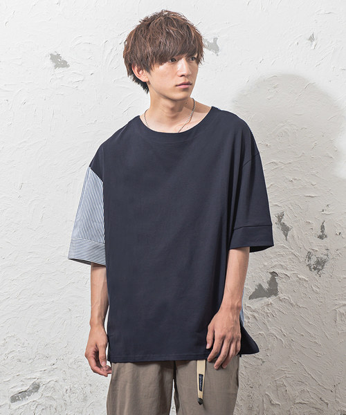MinoriTY(マイノリティ)の「【MinoriTY】ストライプ切替2WayプルオーバーTシャツ ビッグシルエット(Tシャツ/カットソー・メンズ・ホワイト系その他/ブラック系その他/グレー系その他/ブラック/ブルー・M/L/S)」の4枚目の写真