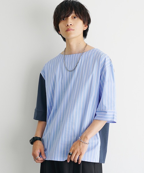 MinoriTY(マイノリティ)の「【MinoriTY】ストライプ切替2WayプルオーバーTシャツ ビッグシルエット(Tシャツ/カットソー・メンズ・ホワイト系その他/ブラック系その他/グレー系その他/ブラック/ブルー・M/L/S)」の5枚目の写真