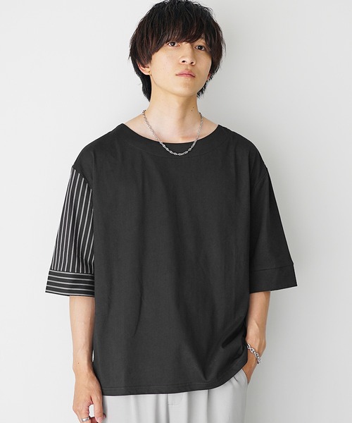 MinoriTY(マイノリティ)の「【MinoriTY】ストライプ切替2WayプルオーバーTシャツ ビッグシルエット(Tシャツ/カットソー・メンズ・ホワイト系その他/ブラック系その他/グレー系その他/ブラック/ブルー・M/L/S)」の1枚目の写真