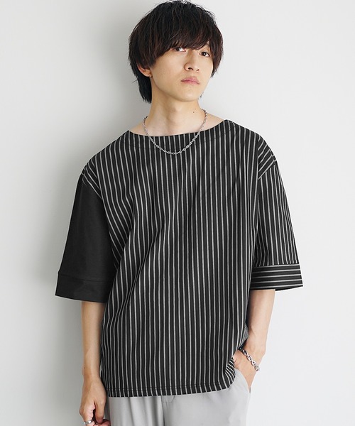 MinoriTY(マイノリティ)の「【MinoriTY】ストライプ切替2WayプルオーバーTシャツ ビッグシルエット(Tシャツ/カットソー・メンズ・ホワイト系その他/ブラック系その他/グレー系その他/ブラック/ブルー・M/L/S)」の6枚目の写真