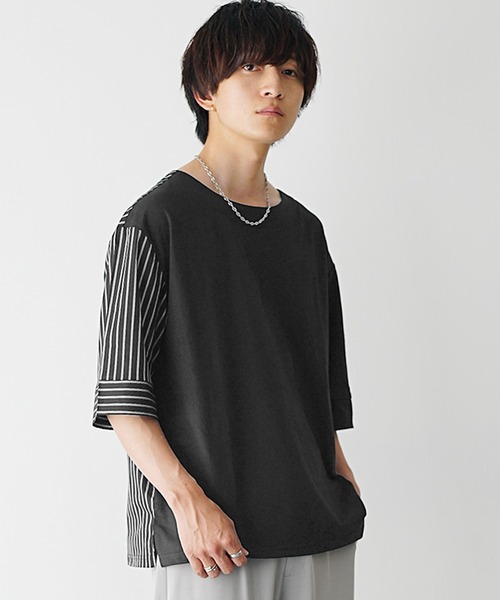 MinoriTY(マイノリティ)の「【MinoriTY】ストライプ切替2WayプルオーバーTシャツ ビッグシルエット(Tシャツ/カットソー・メンズ・ホワイト系その他/ブラック系その他/グレー系その他/ブラック/ブルー・M/L/S)」の9枚目の写真
