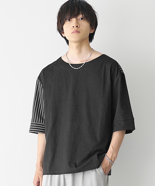 MinoriTY(マイノリティ)の「【MinoriTY】ストライプ切替2WayプルオーバーTシャツ ビッグシルエット(Tシャツ/カットソー・メンズ・ホワイト系その他/ブラック系その他/グレー系その他/ブラック/ブルー・M/L/S)」の10枚目の写真