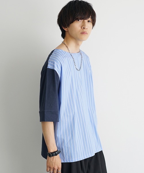 MinoriTY(マイノリティ)の「【MinoriTY】ストライプ切替2WayプルオーバーTシャツ ビッグシルエット(Tシャツ/カットソー・メンズ・ホワイト系その他/ブラック系その他/グレー系その他/ブラック/ブルー・M/L/S)」の12枚目の写真