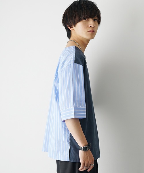 MinoriTY(マイノリティ)の「【MinoriTY】ストライプ切替2WayプルオーバーTシャツ ビッグシルエット(Tシャツ/カットソー・メンズ・ホワイト系その他/ブラック系その他/グレー系その他/ブラック/ブルー・M/L/S)」の14枚目の写真