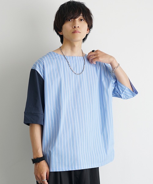 MinoriTY(マイノリティ)の「【MinoriTY】ストライプ切替2WayプルオーバーTシャツ ビッグシルエット(Tシャツ/カットソー・メンズ・ホワイト系その他/ブラック系その他/グレー系その他/ブラック/ブルー・M/L/S)」の16枚目の写真
