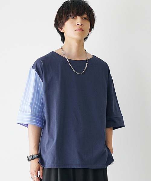 MinoriTY(マイノリティ)の「【MinoriTY】ストライプ切替2WayプルオーバーTシャツ ビッグシルエット(Tシャツ/カットソー・メンズ・ホワイト系その他/ブラック系その他/グレー系その他/ブラック/ブルー・M/L/S)」の15枚目の写真