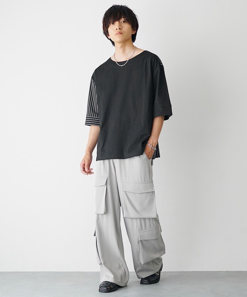 MinoriTY(マイノリティ)の「【MinoriTY】ストライプ切替2WayプルオーバーTシャツ ビッグシルエット(Tシャツ/カットソー・メンズ・ホワイト系その他/ブラック系その他/グレー系その他/ブラック/ブルー・M/L/S)」の11枚目の写真