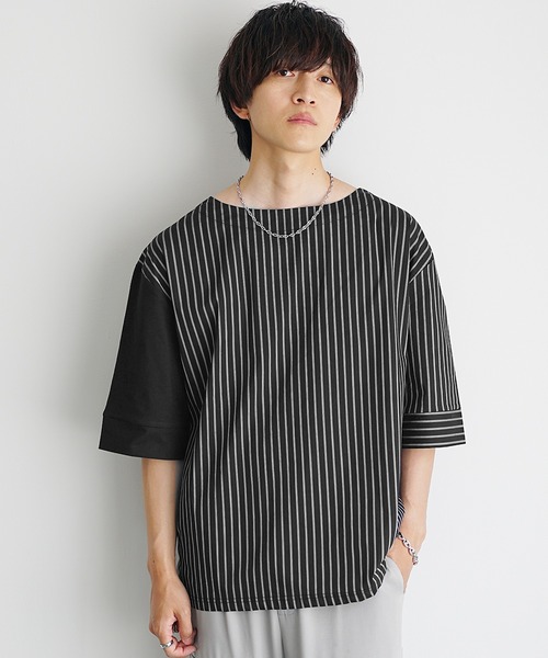 MinoriTY(マイノリティ)の「【MinoriTY】ストライプ切替2WayプルオーバーTシャツ ビッグシルエット(Tシャツ/カットソー・メンズ・ホワイト系その他/ブラック系その他/グレー系その他/ブラック/ブルー・M/L/S)」の8枚目の写真