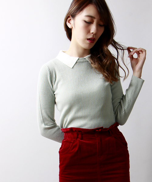 WEGO(ウィゴー)の「WEGO/襟付きニット(Tシャツ/カットソー・レディース・ブラック系その他/ダークグリーン/ブルー系その他/マスタード/ワイン/オフホワイト/ブラック/杢グレー/グリーン系その他/サックスブルー/ライトパープル・FREE)」の7枚目の写真