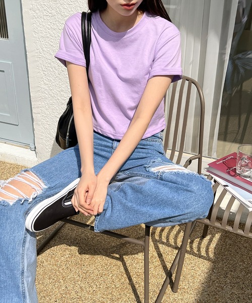 by muni:r（バイ ムニール）の「デイリームード ベーシック  半袖クロップTシャツ/ショート丈カットソー（Tシャツ/カットソー・レディース・ホワイト/ブラック/ベージュ/イエロー/ブルー/グリーン/グレー/ライトパープル/ライトピンク/ミント・FREE）」の22枚目の写真