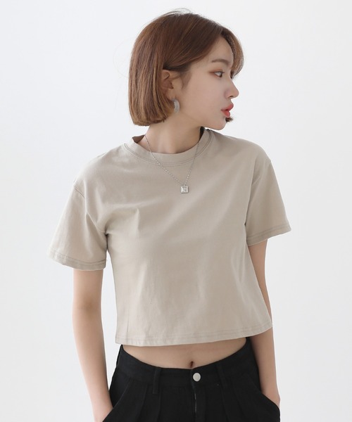 by muni:r（バイ ムニール）の「デイリームード ベーシック  半袖クロップTシャツ/ショート丈カットソー（Tシャツ/カットソー・レディース・ホワイト/ブラック/ベージュ/イエロー/ブルー/グリーン/グレー/ライトパープル/ライトピンク/ミント・FREE）」の12枚目の写真