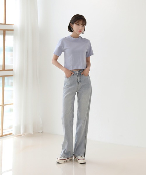 by muni:r（バイ ムニール）の「デイリームード ベーシック  半袖クロップTシャツ/ショート丈カットソー（Tシャツ/カットソー・レディース・ホワイト/ブラック/ベージュ/イエロー/ブルー/グリーン/グレー/ライトパープル/ライトピンク/ミント・FREE）」の16枚目の写真