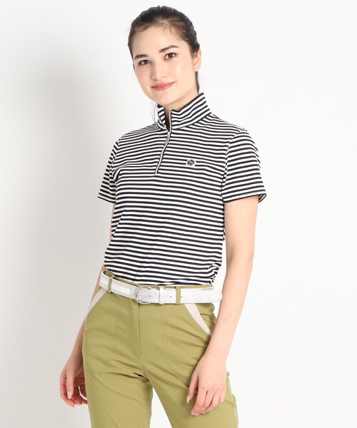 adabat(アダバット)の「◆【吸水速乾/UVカット】adabatミラノリブ ハーフジップ半袖ボーダー(Tシャツ/カットソー・レディース・イエロー系その他3/ピンク系9/ブラック系・38/40/42/36)」の1枚目の写真