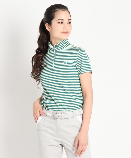 adabat(アダバット)の「◆【吸水速乾/UVカット】adabatミラノリブ ハーフジップ半袖ボーダー(Tシャツ/カットソー・レディース・イエロー系その他3/ピンク系9/ブラック系・38/40/42/36)」の2枚目の写真