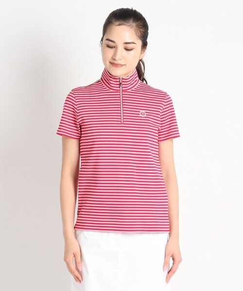 adabat(アダバット)の「◆【吸水速乾/UVカット】adabatミラノリブ ハーフジップ半袖ボーダー(Tシャツ/カットソー・レディース・イエロー系その他3/ピンク系9/ブラック系・38/40/42/36)」の4枚目の写真