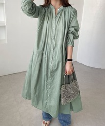 薄手コットン長袖バンドカラーシャツワンピース