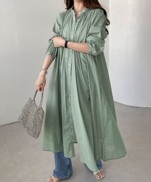 セール】薄手コットン長袖バンドカラーシャツワンピース（ワンピース