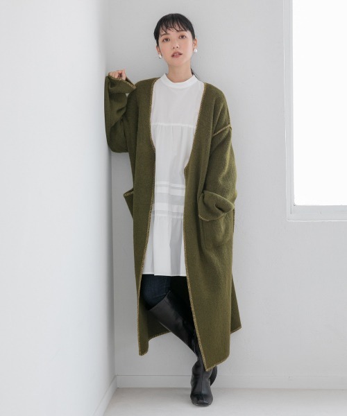 LOWRYS FARM（ローリーズファーム）の「ニットリンキングロングカーディガン　219731（カーディガン/ボレロ・レディース・チャコールグレー/ベージュ/グリーン・FREE）」の3枚目の写真