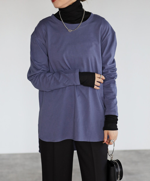 amini(アミニ)の「【2021-2022 A/W】サイドスリットコットンロングTシャツ(Tシャツ/カットソー・レディース・ブラック/パープル/オフホワイト/グレイッシュベージュ・MEDIUM)」の10枚目の写真