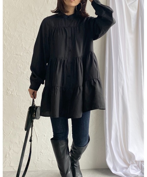 She's Closet（シーズクローゼット）の「Aラインフレア長袖ティアードチュニックブラウス（チュニック・レディース・ホワイト/ブラック/ダークグリーン/ベージュ・FREE）」の9枚目の写真