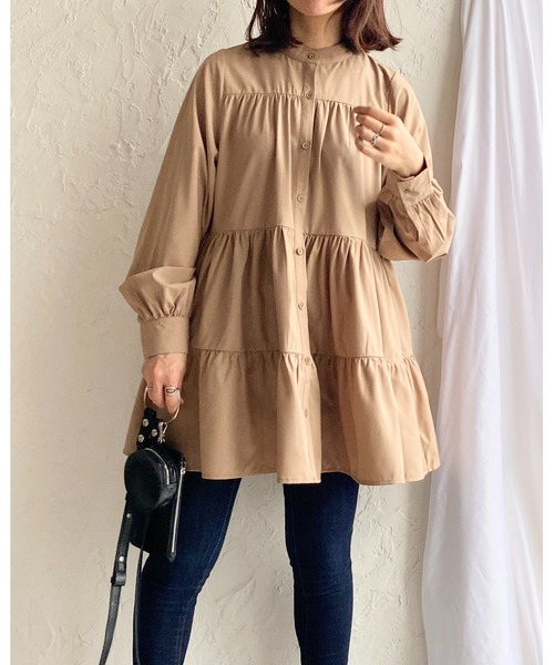 She's Closet（シーズクローゼット）の「Aラインフレア長袖ティアードチュニックブラウス（チュニック・レディース・ホワイト/ブラック/ダークグリーン/ベージュ・FREE）」の19枚目の写真