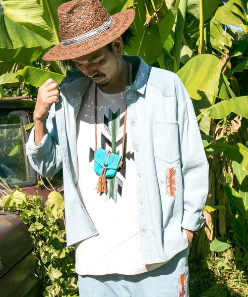 チャイハネ(チャイハネ)の「【チャイハネ】オルテガ柄刺繍メンズTシャツ(Tシャツ/カットソー・メンズ・ホワイト/ネイビー/グレー/イエロー・FREE)」の2枚目の写真