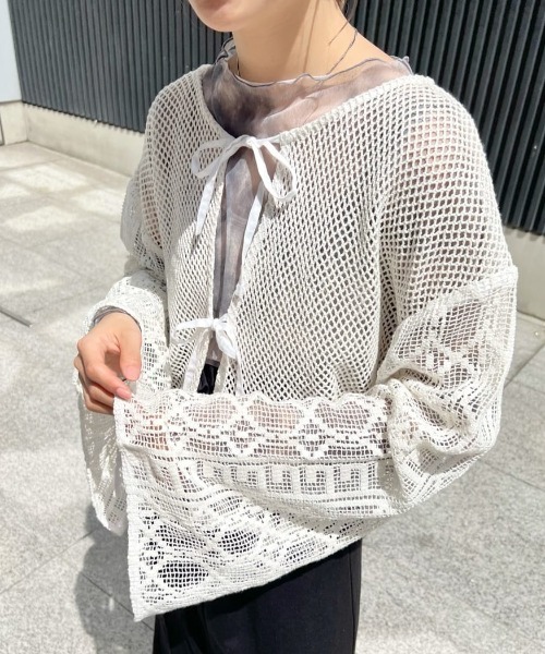 Kastane（カスタネ）の「【前後2way】メッシュパッチワーク2WAYカーディガン（カーディガン/ボレロ・レディース・ホワイト/グリーン・FREE）」の2枚目の写真