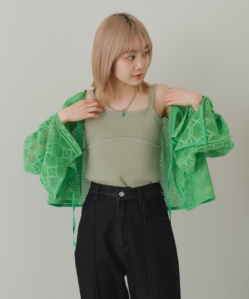 Kastane（カスタネ）の「【前後2way】メッシュパッチワーク2WAYカーディガン（カーディガン/ボレロ・レディース・ホワイト/グリーン・FREE）」の11枚目の写真