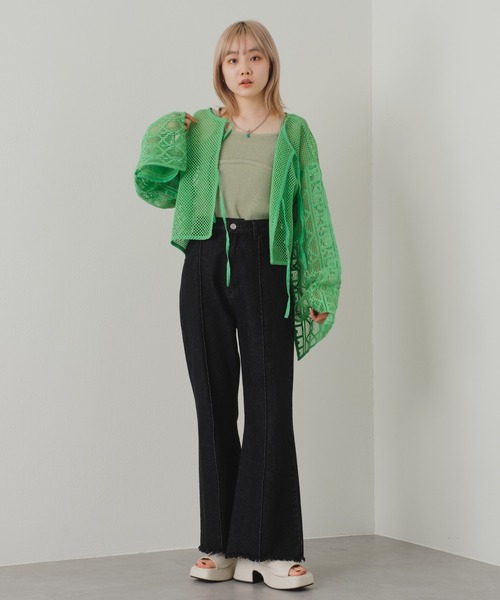 Kastane（カスタネ）の「【前後2way】メッシュパッチワーク2WAYカーディガン（カーディガン/ボレロ・レディース・ホワイト/グリーン・FREE）」の8枚目の写真