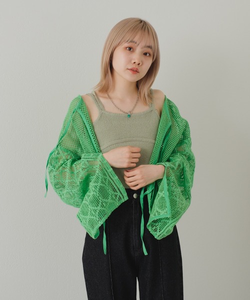 Kastane（カスタネ）の「【前後2way】メッシュパッチワーク2WAYカーディガン（カーディガン/ボレロ・レディース・ホワイト/グリーン・FREE）」の10枚目の写真