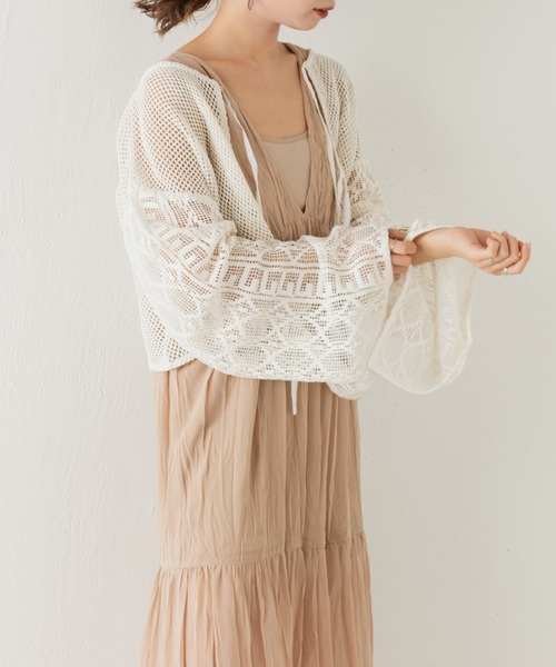 Kastane（カスタネ）の「【前後2way】メッシュパッチワーク2WAYカーディガン（カーディガン/ボレロ・レディース・ホワイト/グリーン・FREE）」の3枚目の写真