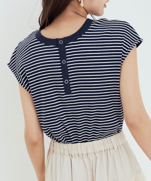 【WEB限定】前後２WAYスナップ釦付きフレンチスリーブボーダープルオーバー