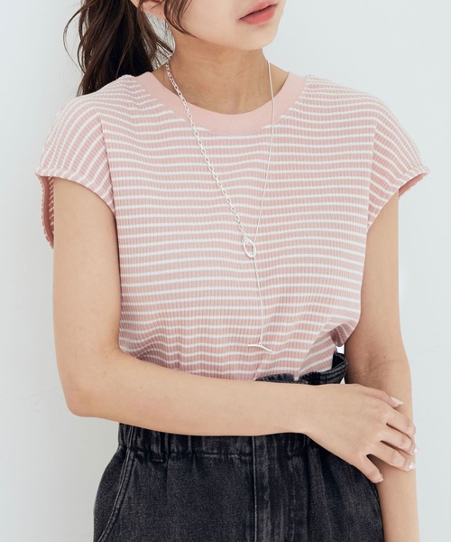 【WEB限定】前後２WAYスナップ釦付きフレンチスリーブボーダープルオーバー