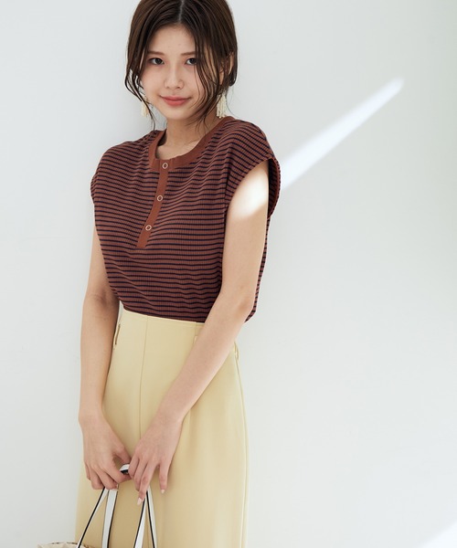 【WEB限定】前後２WAYスナップ釦付きフレンチスリーブボーダープルオーバー