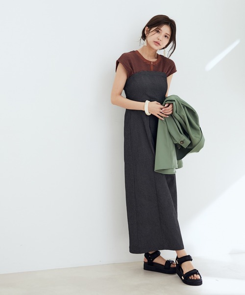 【WEB限定】前後２WAYスナップ釦付きフレンチスリーブボーダープルオーバー