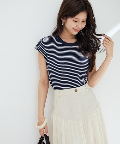 【WEB限定】前後２WAYスナップ釦付きフレンチスリーブボーダープルオーバー