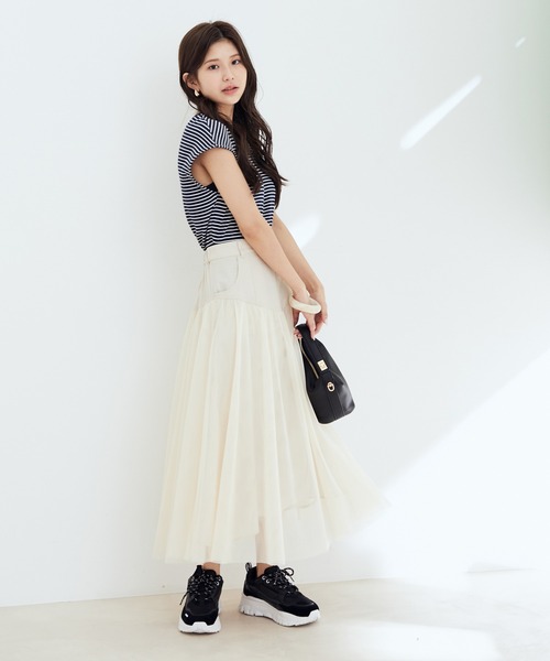 【WEB限定】前後２WAYスナップ釦付きフレンチスリーブボーダープルオーバー