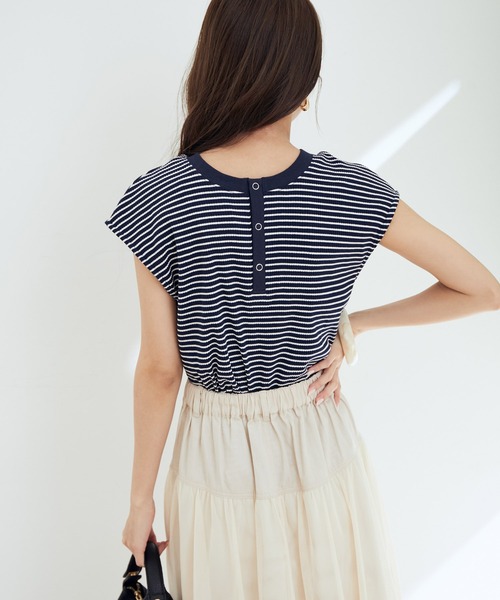 【WEB限定】前後２WAYスナップ釦付きフレンチスリーブボーダープルオーバー